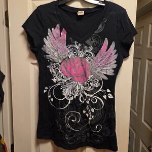 Vanity Black and Pink Winged Rose Tee